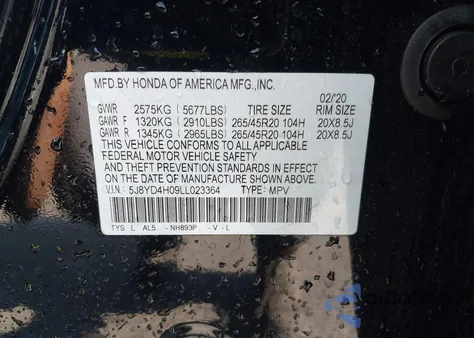 2020 Acura Mdx Technology A-Spec Packages z USA, uszkodzony, nr VIN 5J8YD4H09LL023364